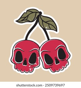 Vintage cherry skull.  Sketch of a tattoo. Halloween flat sticker. Cartoon vector illustration