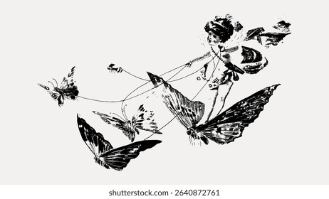 Vintage cherub butterflies chromolithograph, vector element. 