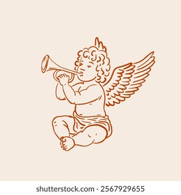 Vintage Cherub with Trumpet Vector Illustration