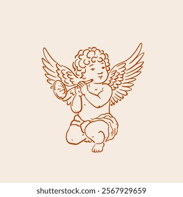 Vintage Cherub with Trumpet Vector Illustration