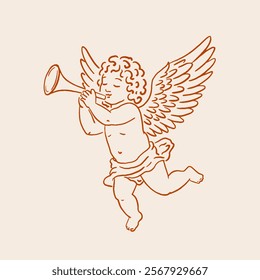 Vintage Cherub with Trumpet Vector Illustration