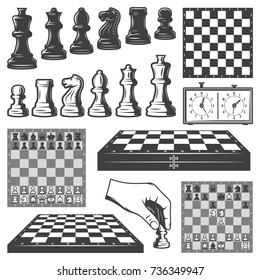 Vintage chess game elements set with chessboards clock king queen knight rook pawn bishop figures isolated vector illustration