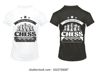 Vintage chess prints on shirts template with inscription chessboard queen knight rook pawn figures isolated vector illustration