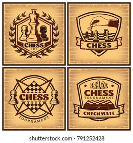 Vintage chess tournament posters with inscriptions figures and chessboards on light background isolated vector illustration