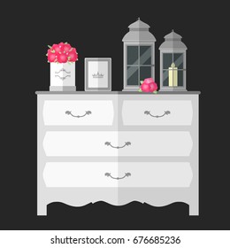 Vintage chest of drawers with decorations. Flat design illustration.