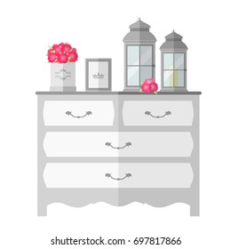 Vintage chest of drawers with decorations. Flat design illustration.