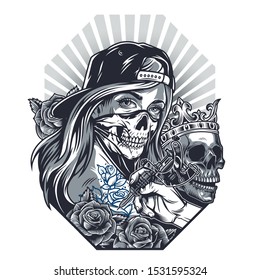 Vintage chicano girl in scary mask with rose flowers male hand holding tattoo machine skull in crown isolated vector illustration