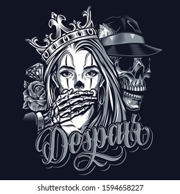 Vintage chicano style tattoo template with diamond roses skeleton in fedora hat covering mouth of girl in crown isolated vector illustration