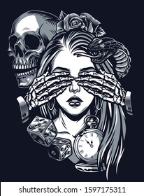 Vintage chicano tattoo template with dice antique pocket watch snake and skeleton covering eyes of pretty girl isolated vector illustration
