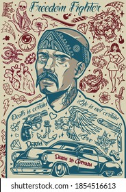 Vintage Chicano Tätowierungskonzept mit Schnurrbart Latino Mann in Bandana und verschiedene Designs in einfarbiger Vektorgrafik