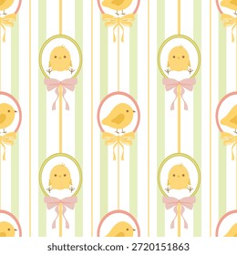 Vintage Chick Stripe Pattern, Nursery Repeat. Cute Chick Vignette Stripes, Seamless Pattern. Baby Bird Stripe Print for Fabric, Stationery