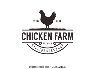 Vintage Chicken Farm Logo.chicken farm logo vector illustration design, rooster on fence hipster logo design