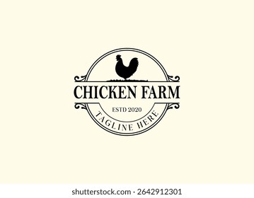 Logotipo Vintage Chicken Farm.logotipo da fazenda de frango design de ilustração vetorial. Design do logotipo de criação de frangos