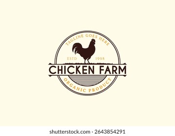 Logotipo Vintage Chicken Farm.logotipo da fazenda de frango design de ilustração vetorial. Design do logotipo de criação de frangos