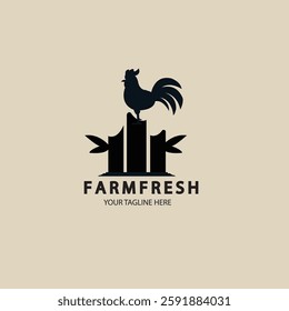 Vintage Chicken Fence Logo Design Vector Illustration, Rooster Icon, Fresh Farm, Livestock Entrepreneur,