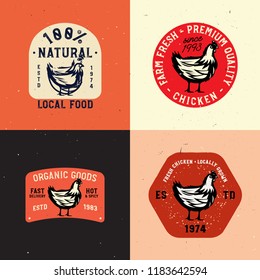 Vintage Chicken look, hand drawn retro badges with farm rooster meat, local food, farm fresh print. Stock vector