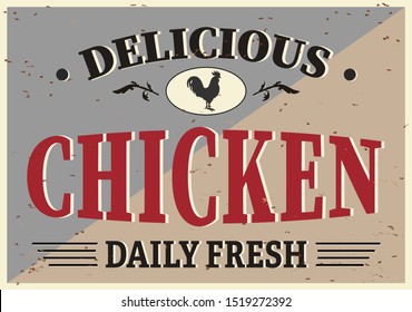 Projeto de cartaz vetor de frango vintage. Modelo de alimento de fundo retrô.
