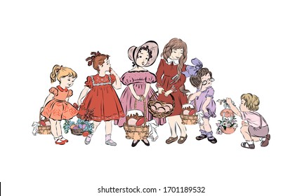 Vintage-Kinder mit Körben von bunten Eiern, Osterkuchen, Kerzen, Weiden. Gruppen von Jungen und Mädchen unterschiedlichen Alters stehen zusammen. Handgezeichnete Clipkunst im Stil des 19. Jahrhunderts. 