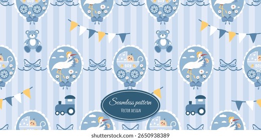 Vintage children's seamless design with a cute stork and a newborn boy, flowers, and bows. Vector design for children's bedding, fabrics, wallpaper, wrapping paper, and more.