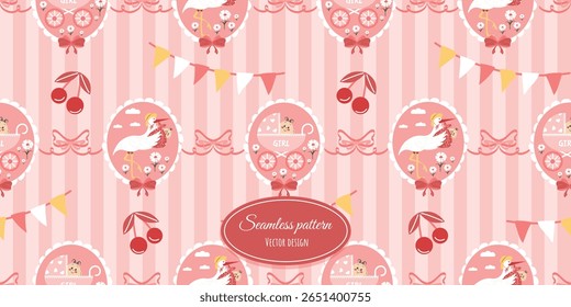 Vintage children's seamless design with a cute stork and a newborn girl. Vector design for children's bedding, fabrics, wallpaper, wrapping paper, and more.