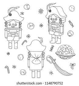 Vintage children's wood christmas toy Nutcracker sketch clip art stickers set vector isolated