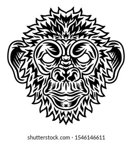 Vintage Chimpanzee face. Heading vintage style Isolated on a white background. Design element for logo, badge, tattoo, t-shirt, banner, poster.