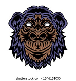 Vintage Chimpanzee face. Heading vintage style Isolated on a white background. Design element for logo, badge, tattoo, t-shirt, banner, poster.