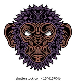 Vintage Chimpanzee face. Heading vintage style Isolated on a white background. Design element for logo, badge, tattoo, t-shirt, banner, poster.