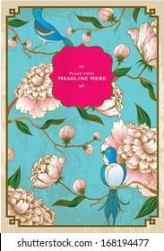 vintage chinese background of peony and birds template vector/illustration