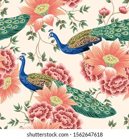 Vintage Chinese flower lotus rose, leaves, peacock bird seamless border pink background. Exotic oriental wallpaper.