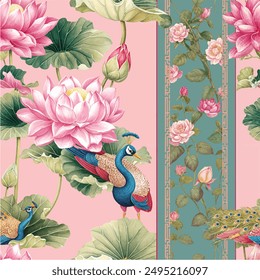 Klassische chinesische Blume Lotus Rose, Blätter, Pfauenvogel nahtlose Grenze rosa Vektorgrafik