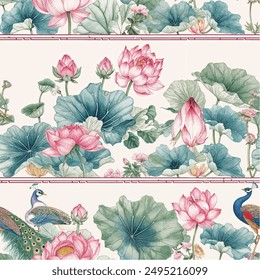 Vintage Chinese flower lotus rose, leaves, peacock bird seamless border pink vector