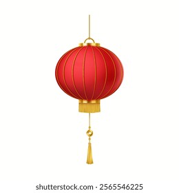 Vintage Chinese lantern with coin and tassels realistic vector illustration. New Year holiday traditional decorative lamp 3d object on white