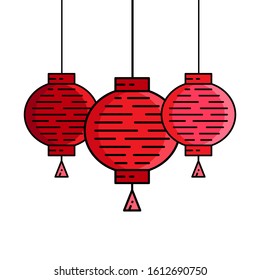 Vintage Chinese New Year Design Vector, Three Red Lantern with Black Line/Stroke