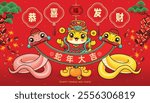 Vintage Chinese new year poster design with snake. Chinese wording means Auspicious year of the snake, Wishing you prosperity and wealth, Prosperity. 