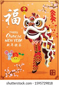 Vintage Chinese new year poster design with mouse, firecracker & lion dance. Chinese wording meanings: Wishing you prosperity and wealth, Happy Chinese New Year, Wealthy & best prosperous.