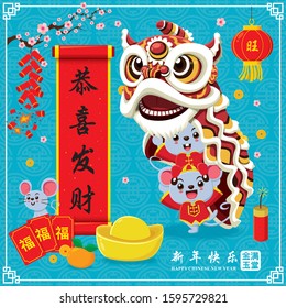 Vintage Chinese new year poster design with mouse, lion dance. Chinese wording meanings: Wishing you prosperity and wealth, Happy Chinese New Year, Wealthy & best prosperous.