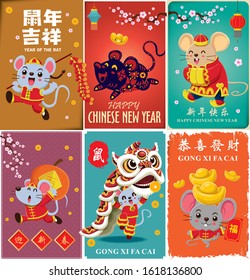 Vintage Chinese new year poster design set. Chinese text translation: Welcome new year spring, auspicious rat year, wishing you prosperity and wealth, small word good fortune, rat, auspicious.