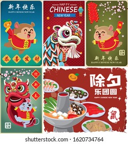 Vintage Chinese new year poster design set. Chinese text translation: Welcome new year spring, happy new year, wealthy & best prosperous, reunion during new year's evesmall word good fortune, rat, aus