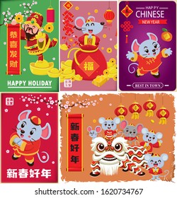 Vintage Chinese new year poster design set. Chinese text translation: Welcome new year spring, wishing you prosperity and wealth, wealthy & best prosperous, small word good fortune, auspicious.