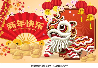 Diseño de afiches chinos de Año Nuevo con danza de león. Significado de la redacción china: Feliz Año Nuevo Chino.