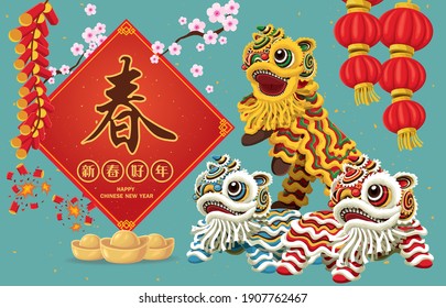 Vintage Chinese new year poster design with lion dance. Chinese wording meanings: Happy Lunar Year, spring