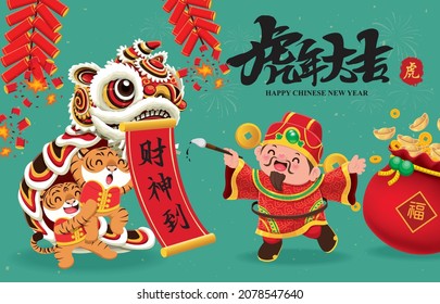 Vintage Chinese new year poster design with god of wealth, tiger, gold ingot. Chinese wording meanings: Auspicious year of the tiger, tiger, Welcome god of wealth, prosperity.