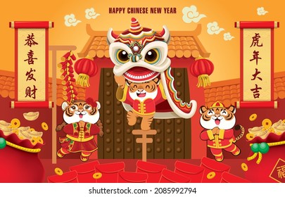 Vintage Chinese new year poster design with tigers, lion dance gold ingot. Chinese wording meanings: Wishing you prosperity and wealth, Auspicious year of the tiger, prosperity.