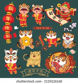 Vintage Chinese new year poster design set with tigers. Chinese wording translate: Auspicious year of the tiger, happy new year, prosperity, tiger, Welcome god of wealth.