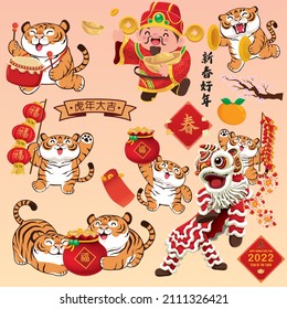 Diseño vintage de afiches chinos de año nuevo con tigres, dios de la riqueza, danza del león. Significado de la redacción china: Auspicioso año del tigre, feliz año nuevo lunar, prosperidad, tigre.