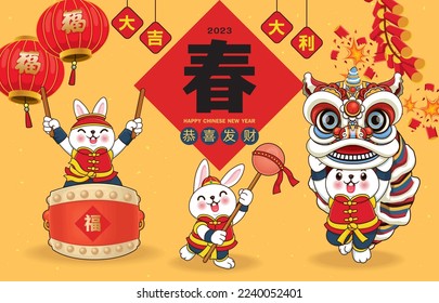 Diseño vintage de afiches chinos de Año Nuevo con conejos, danza de leones. La redacción china significa primavera, deseándote prosperidad y riqueza, gran fortuna y gran favor, prosperidad.