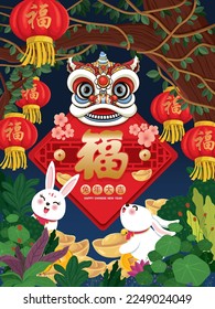 Vintage Chinese new year poster design with rabbit. Non english text translation Prosperity, Auspicious year of the rabbit.