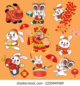 Vintage Chinese new year poster design with rabbit. Non English text translation Auspicious, prosperity, year of the rabbit.