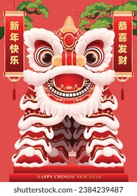 Diseño de afiches chinos de Año Nuevo con danza de león. Palabras chinas significan Feliz Año Nuevo, deseándote prosperidad y riqueza